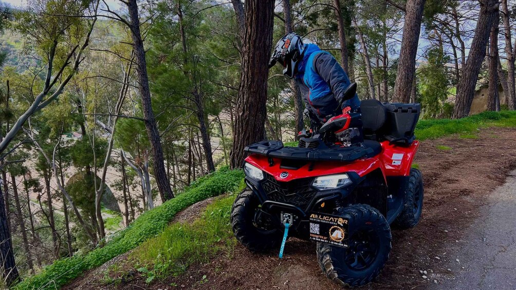 A person on a red ATV in a forested area. 5