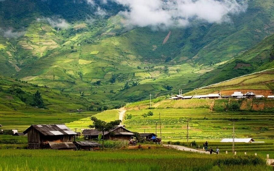 Terraced rice fields, traditional houses, and a mountain range. 1