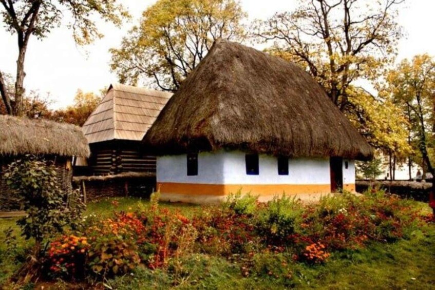 A traditional thatched-roof house with a white and orange exterior, surrounded by colorful vegetation and trees. 5