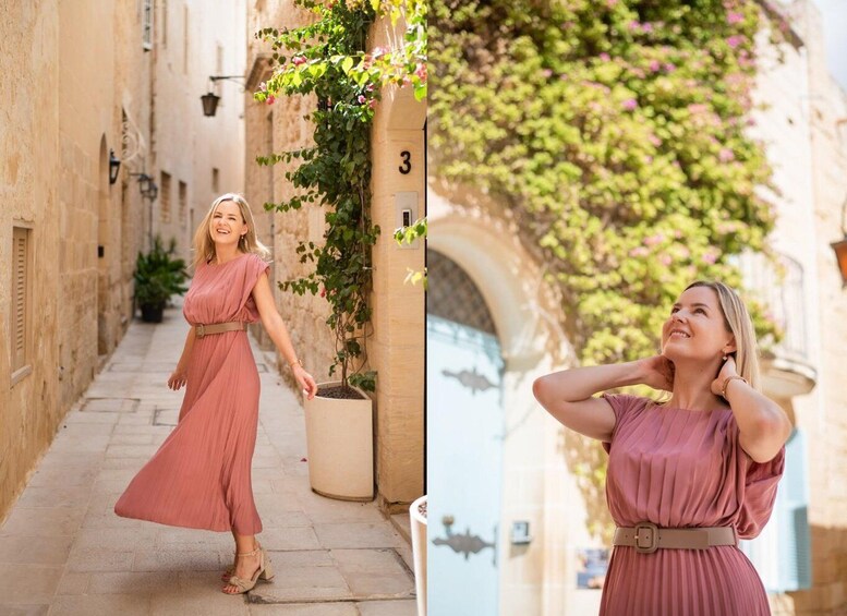 A woman in a pink dress walking down a narrow street with buildings on either side and a number '3' visible on a wall. 3