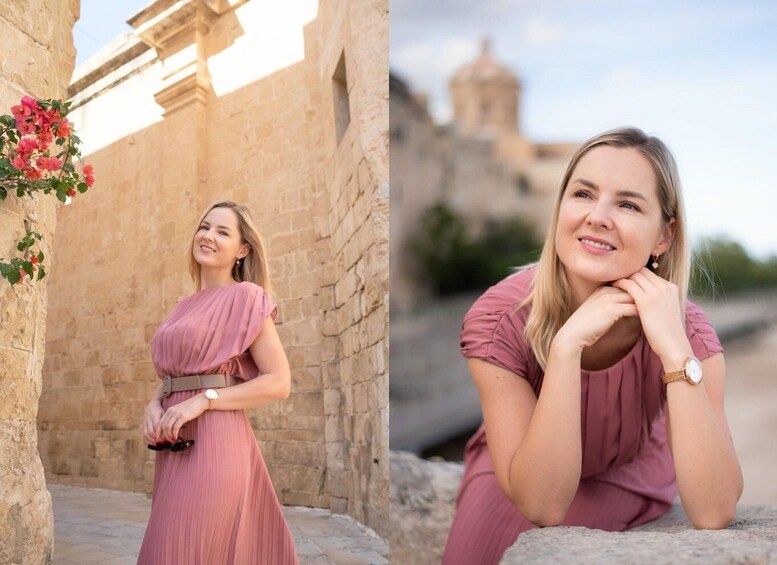 A woman in a pink dress standing in a stone archway with flowers, and another woman sitting on a stone ledge with a building in the background. 5