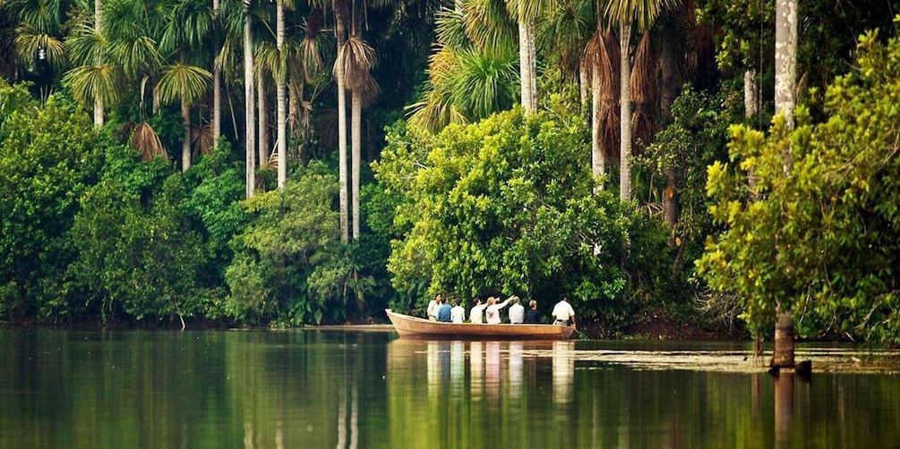 A boat with several people on a calm river surrounded by dense tropical vegetation. 3