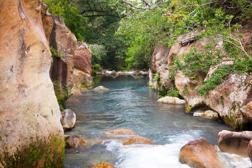 A river flowing through a rocky gorge with lush greenery on the banks. 2