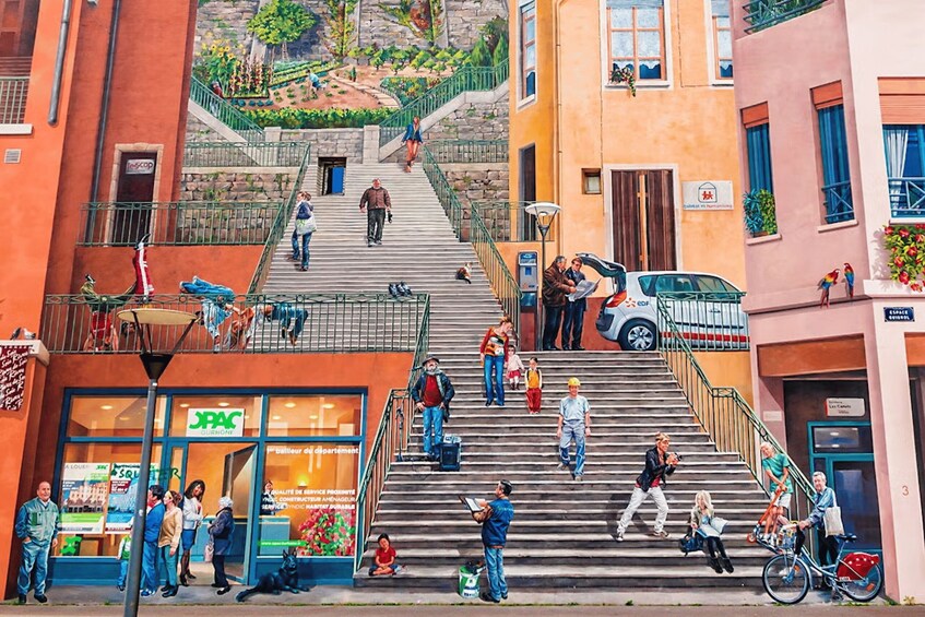 A busy urban street with people walking up and down stairs, a J.PAC store, and a parked car. 4