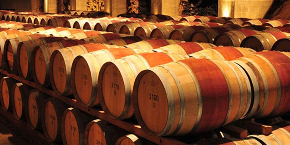 Rows of wooden wine barrels in a cellar. 3
