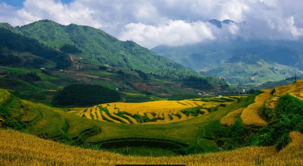 Terraced rice fields, rolling hills, and a cloudy sky. 2
