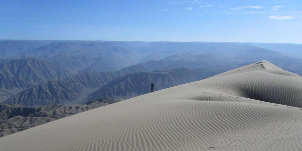 A vast desert landscape with sand dunes and distant mountain ranges under a clear sky. 5