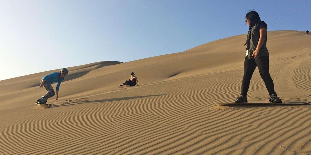 People snowboarding on sand dunes. 4