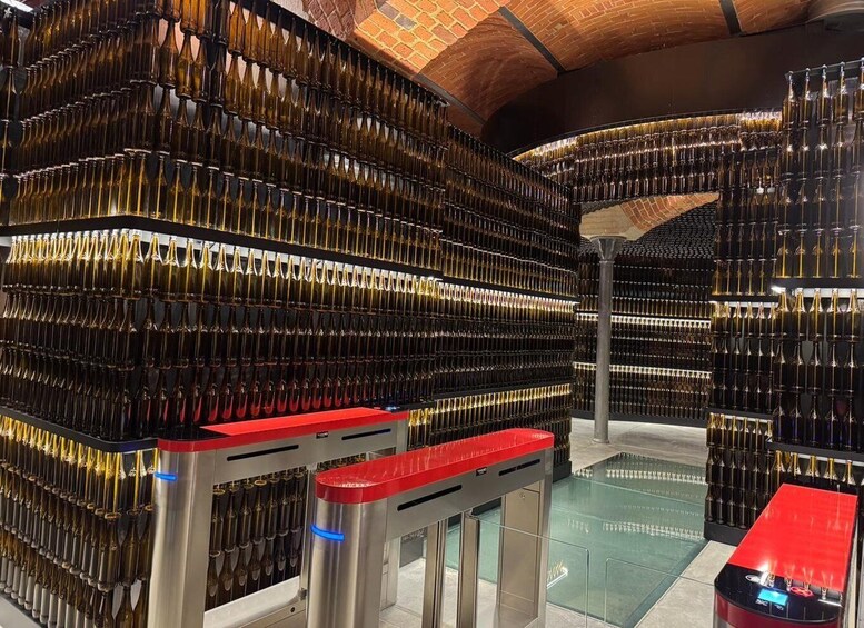 A wine cellar with rows of wine bottles. 4