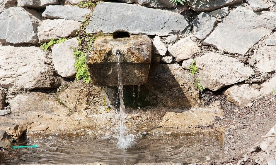 A stone water feature with a stream flowing into a shallow pool. 4