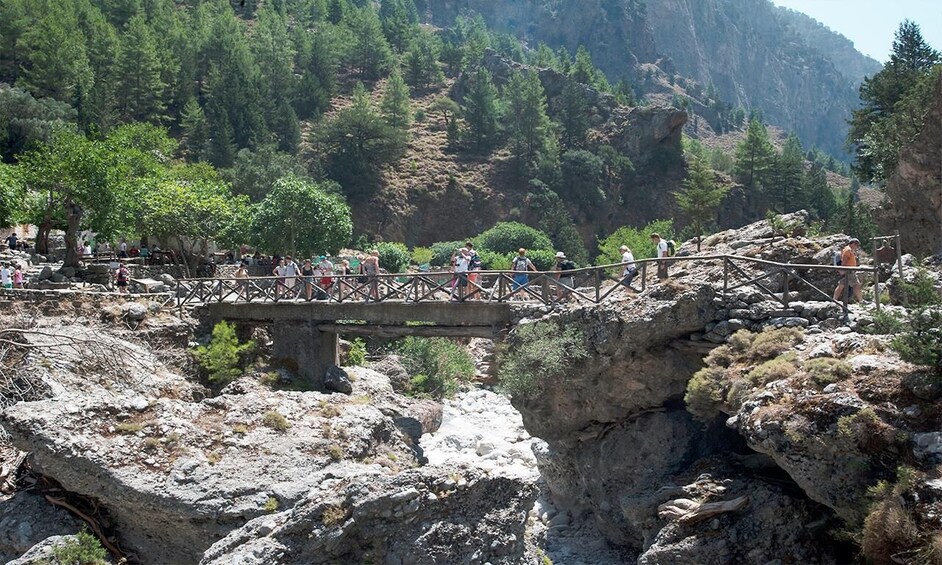 A stone bridge over a rocky gorge with people walking on it. 1