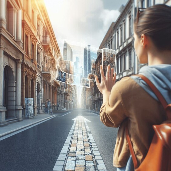A person holding a transparent device with images, standing on a street with buildings. 1