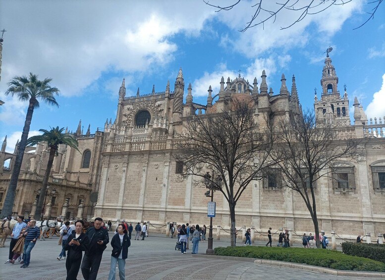 A historic cathedral with intricate architecture, palm trees, and people walking around. 3