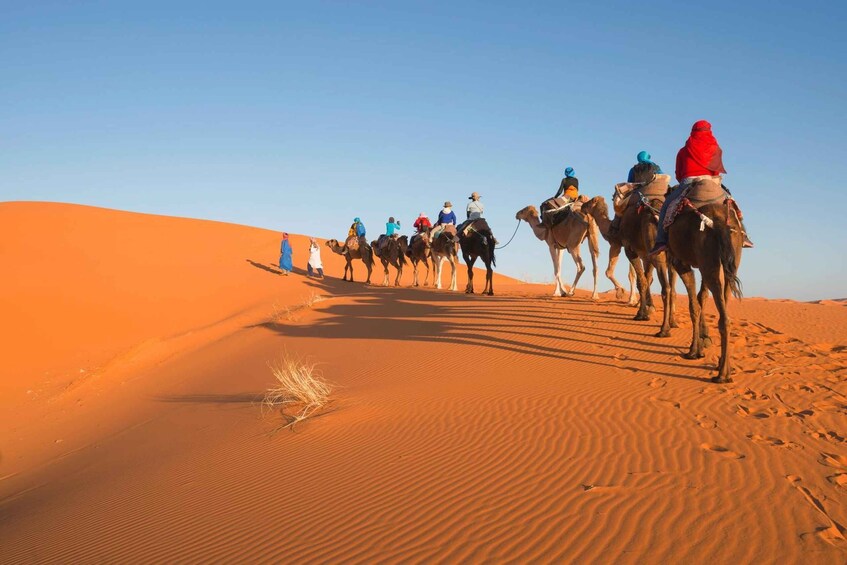 A group of people riding camels across a desert landscape with sand dunes. 3