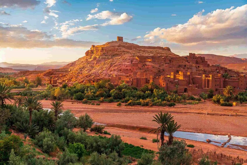 A desert landscape with a large, ancient walled city on a hill, surrounded by greenery and palm trees. 5