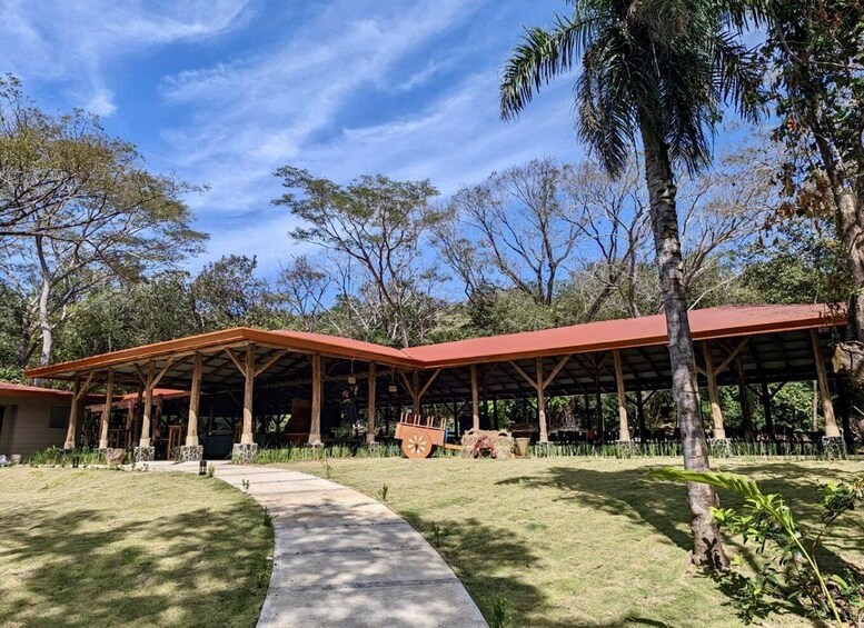 A covered pavilion with a concrete pathway leading to it, surrounded by trees and grass. 5