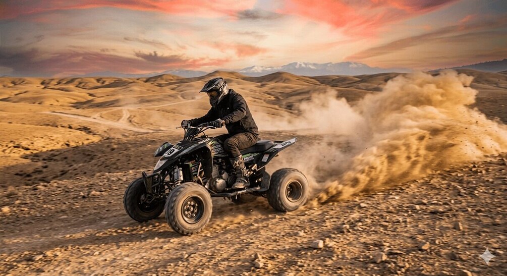 A person riding a quad bike on a dirt road with a desert landscape and mountains in the background. 2