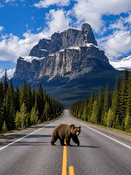 A bear on a road with a mountain in the background. 2