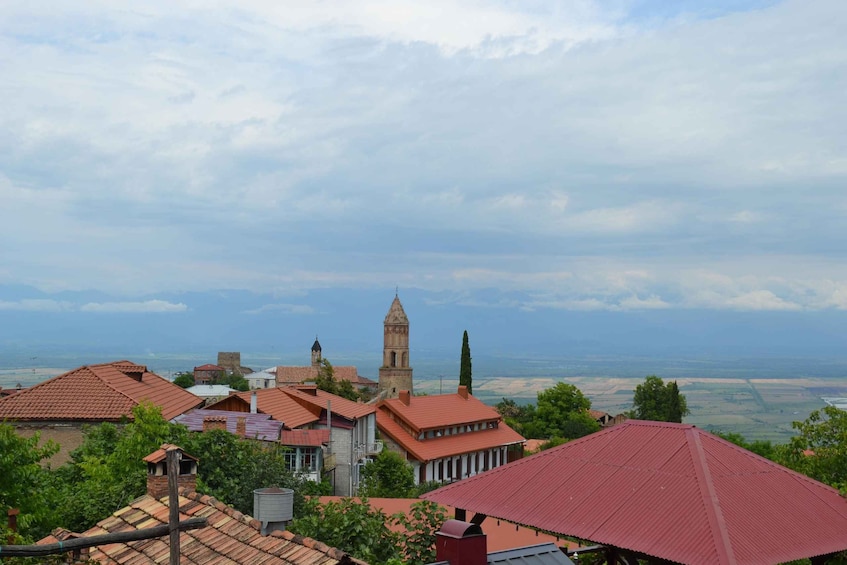 A town with red-roofed buildings, a prominent tower, and a view of the sea. 2