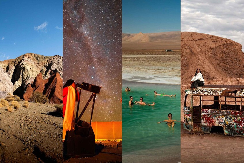 A desert landscape with a telescope, a starry sky, a desert with a bus, and people swimming in water. 1