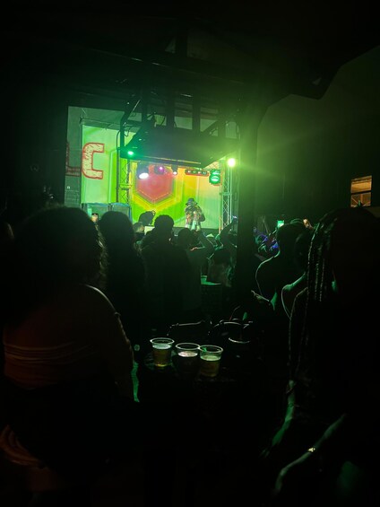 A dimly lit stage with a performer in the center, surrounded by a crowd of people. 5