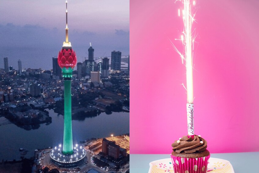 A tower with a flower-like structure on top and a cupcake with a lit sparkler. 1