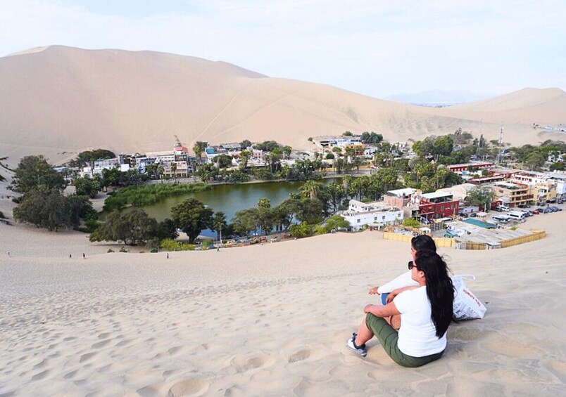 A desert landscape with sand dunes, a small lake, and a town with buildings and trees. 1