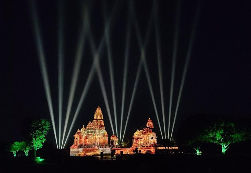 A temple illuminated by beams of light. 3