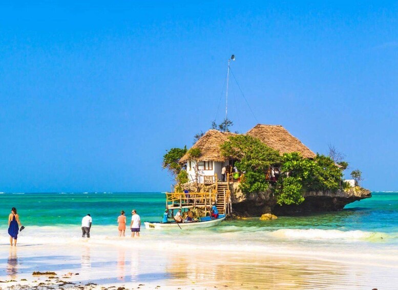 A thatched-roof house on a small island with a boat docked nearby. 5