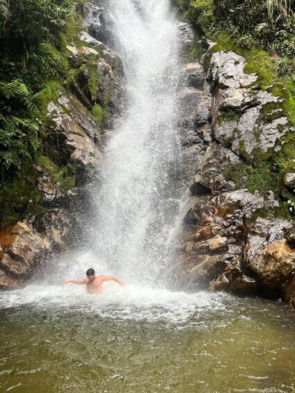 A waterfall in a forested area with a person swimming in the water at the base. 4