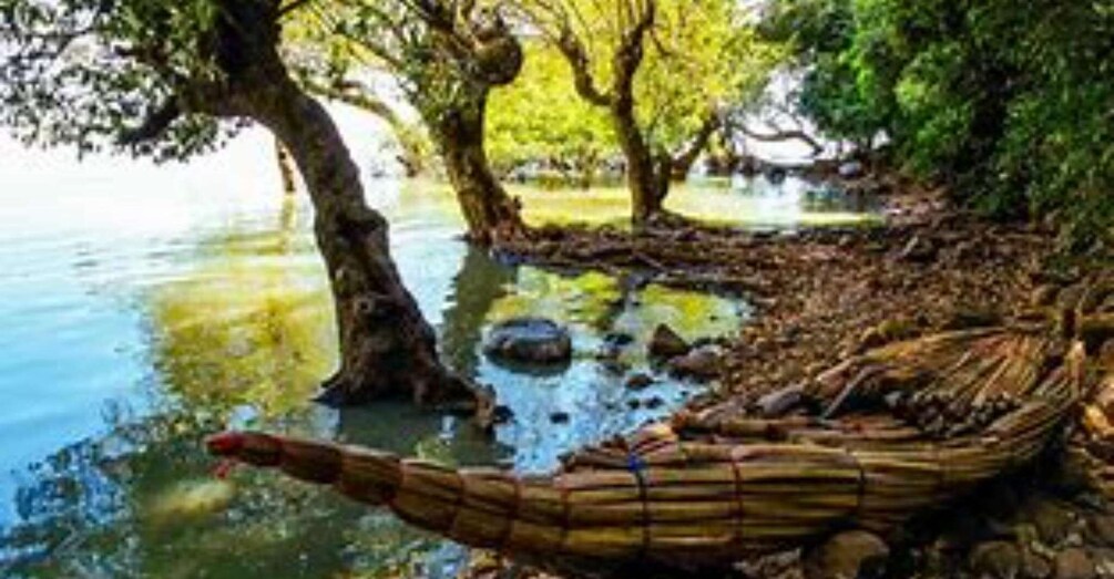 A traditional canoe by a calm river, surrounded by trees and rocks. 2