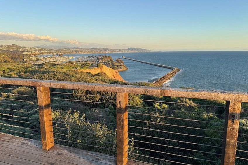 A coastal landscape with a wooden fence, greenery, and a distant view of the sea and a peninsula. 2