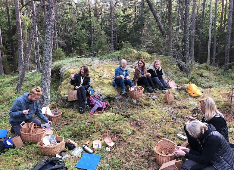 A group of people sitting on a mossy forest floor, surrounded by trees and scattered picnic baskets. 1