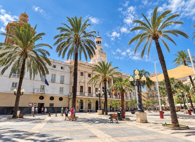 A sunny plaza with palm trees, a clock tower, and people walking. 2