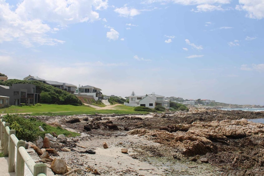 Una playa rocosa con casas al fondo. 3