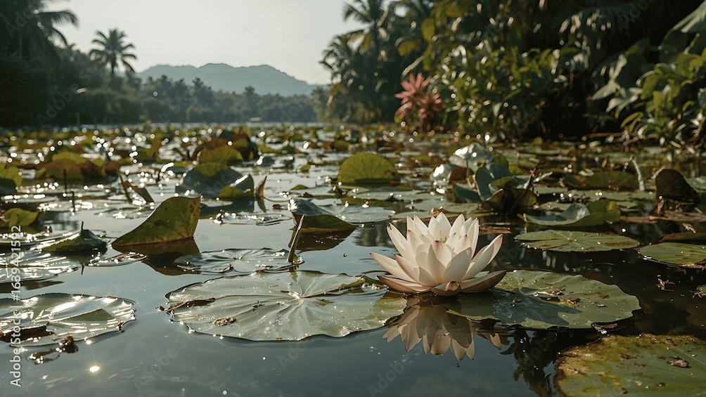 A lotus flower in water surrounded by lily pads. 2