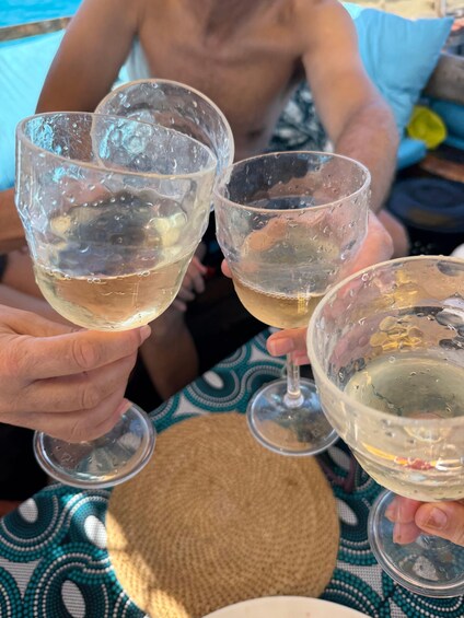 A person holding a glass of white wine. 3