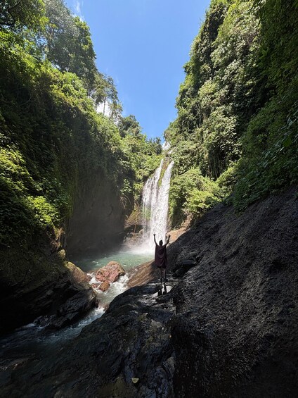 A waterfall in a lush green forest with a person standing on a rock with arms raised. 2