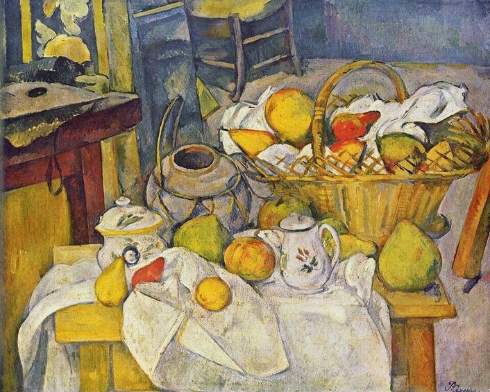 A still life with fruits, a basket, and kitchenware on a table. 1