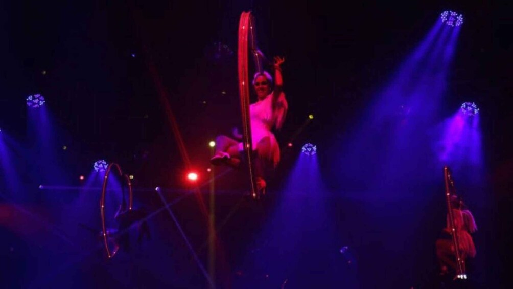 A performer on a pole with stage lighting. 5