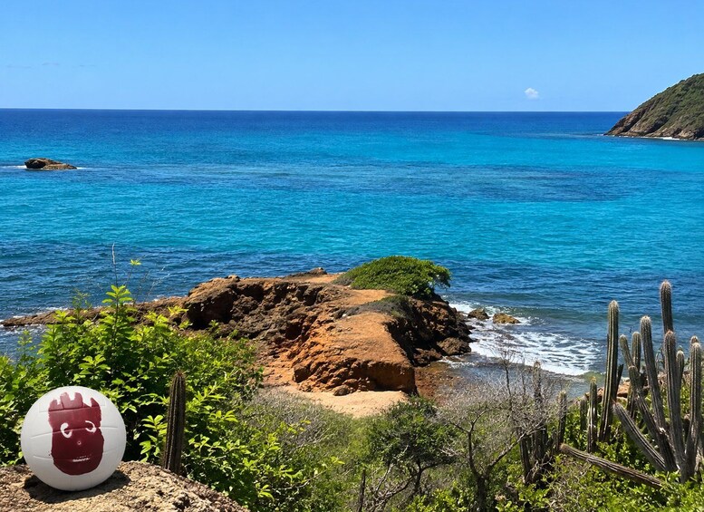 A coastal landscape with clear blue waters, rocky outcrops, and sparse vegetation. 5