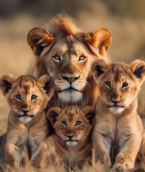 A lion with three cubs in a grassy savannah. 1