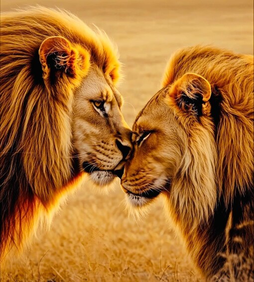 Two lions in a close encounter, possibly fighting or mating, in a golden-hued savannah landscape. 3