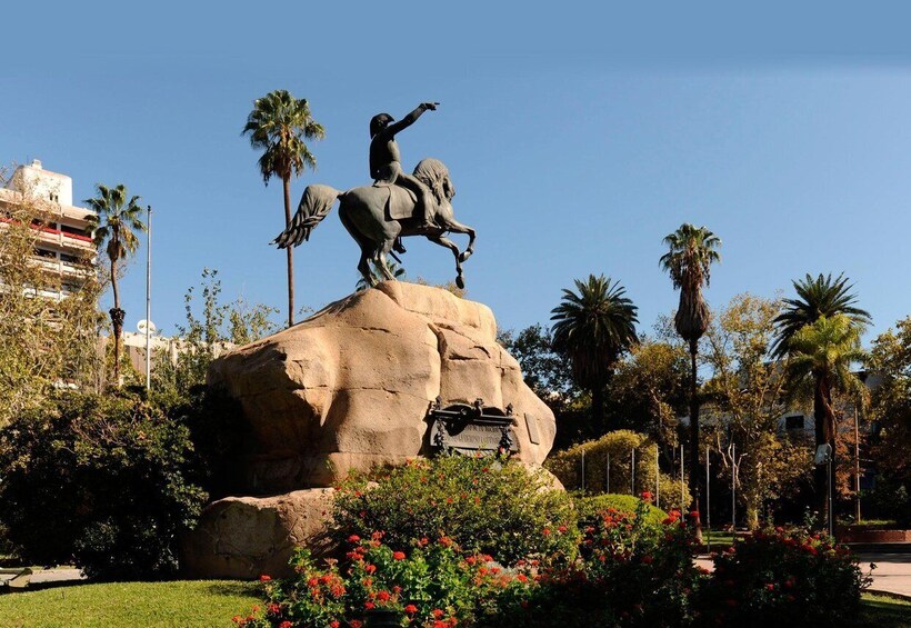 A statue of a man on horseback on a rock, surrounded by flowers and palm trees. 5