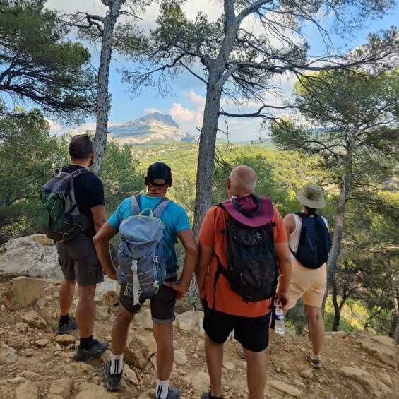 Four hikers on a rocky trail with a mountainous landscape in the background. 3