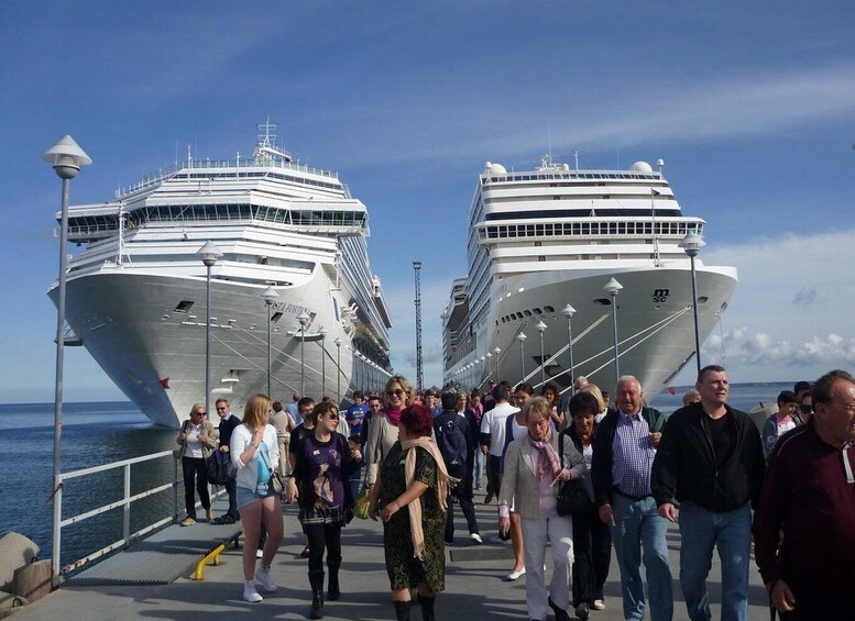 Two large cruise ships docked at a port with a crowd of people walking between them. 4