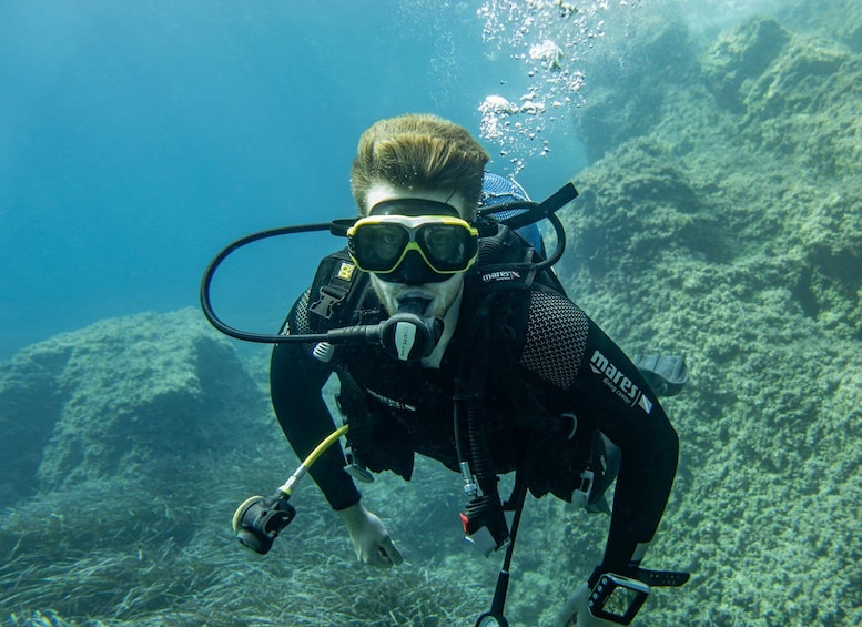A diver underwater with a scuba mask, snorkel, and fins, surrounded by coral and marine life. 5