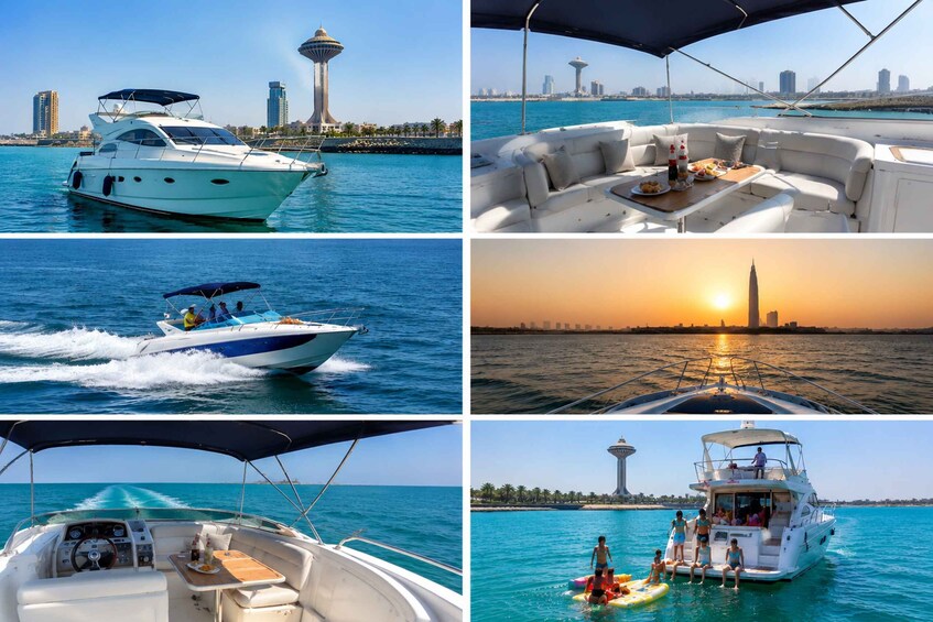 A yacht with a city skyline, including a tower, in the background. 1