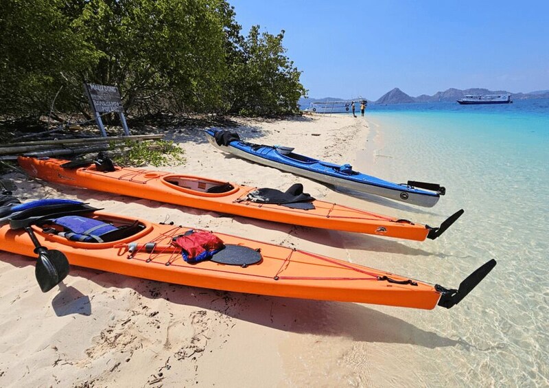 Two kayaks on a sandy beach with clear turquoise water and a boat in the distance. 5