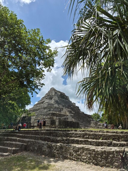 An ancient pyramid with stone steps leading up to it, surrounded by lush green trees and a clear blue sky. 1